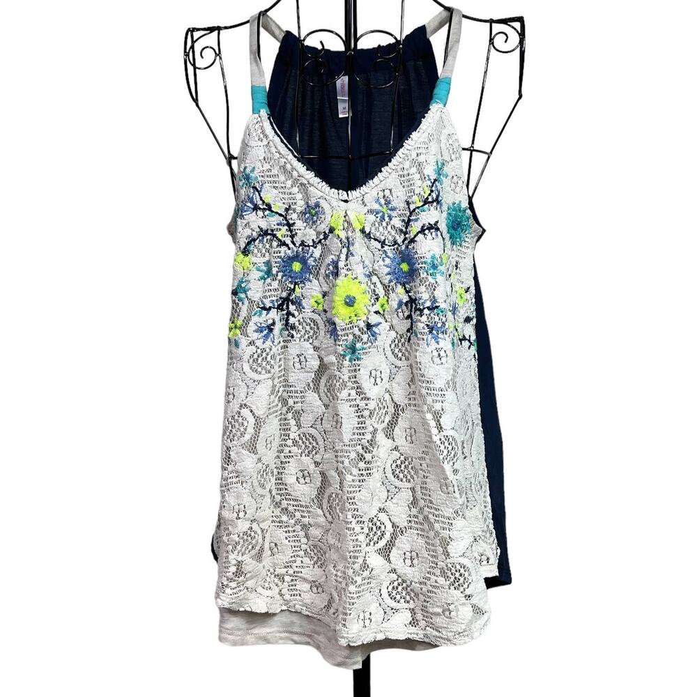 Xhilaration Dressy V-Neck Tank Top Blouse Lacy Overlay Size Medium Navy Blue